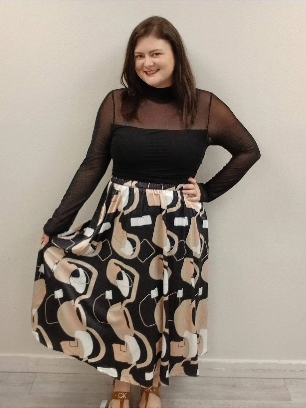 NEW! Adrianna Papell Black & Beige Satin Maxi Skirt - Size XL
